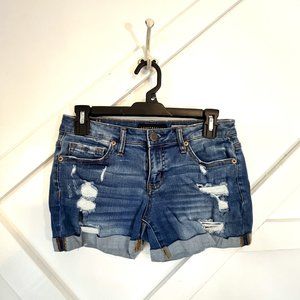 Aeropostale Midi Medium Wash Distressed Cuffed Denim Jean shorts, Size 2